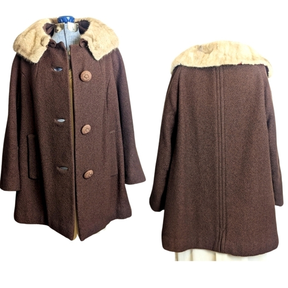 1950's Mod Coat Jacket Tweed Fox Fur Neck Women's Medium - Picture 1 of 17